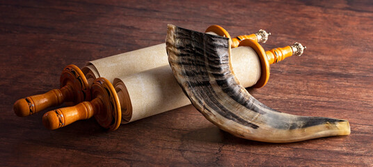 A Shofar Rams Horn and a Tora Scroll