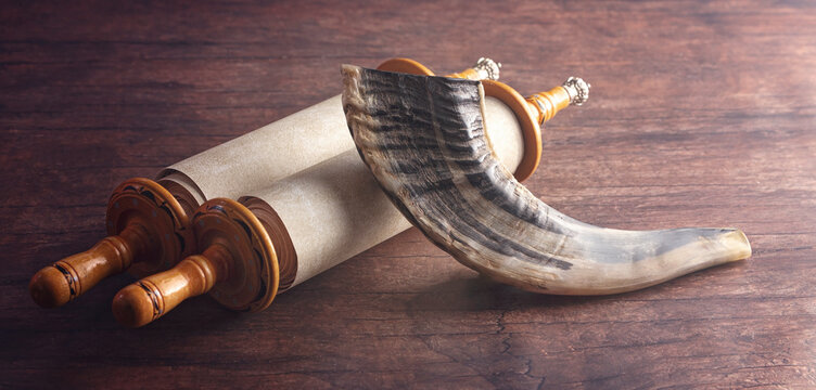 A Shofar Rams Horn And A Tora Scroll