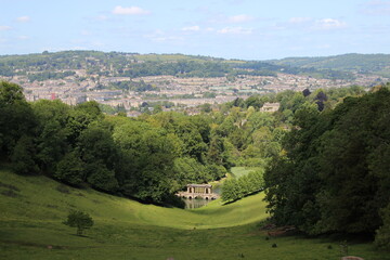 View across parkland of a city