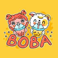 Cute funny dog and girl drink bubble tea from cup. Vector hand drawn cartoon kawaii character illustration sticker logo icon. Asian boba, puppy dog and bubble tea drink cartoon character logo concept