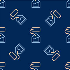 Line Tea bag icon isolated seamless pattern on blue background. Vector