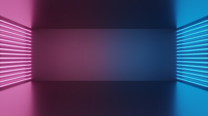 3d render, blue, pink, violet light neon room. Abstract inner space of the night club empty room box interior background. Colorful glowing light in the dark room mock up for decoration. © Nattapong