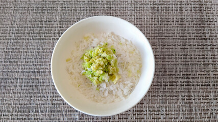 Whitebait rice porridge with broccoli