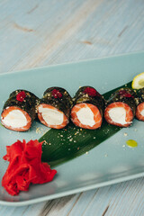 Japanese food photography, beautiful serving of sushi rolls, photography for restaurant menu