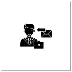 Receiver glyph icon. Message delivered. Man receive email, letter, message from job. Effective communication concept.Filled flat sign. Isolated silhouette vector illustration