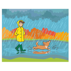 A girl in a raincoat and rain boots walks a dog in the rain in autumn city park vector illustration
