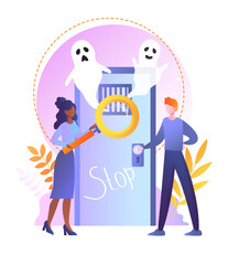 Escape room concept. Friends get out of trap with ghosts and think about solution of quest. Interesting entertainment for group of people. Cartoon flat vector illustration isolated on white background