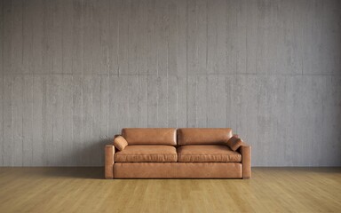 3d visualization of a large spacious modern interior with a concrete wall and a comfortable sofa with pillows, 3d render with copy space on an empty dark wall.
