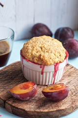 Plum cobbler on a blue background.