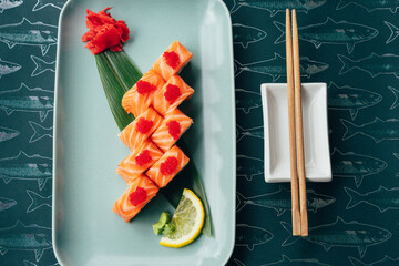Japanese food photography, beautiful serving of sushi rolls, photography for restaurant menu