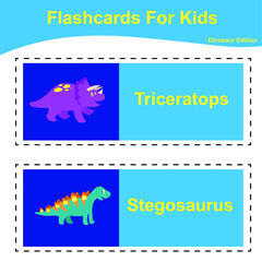 Vector set of dinosaur collections flashcard. Dinosaur educational printable flashcards. Vector poster for Preschool Education. 