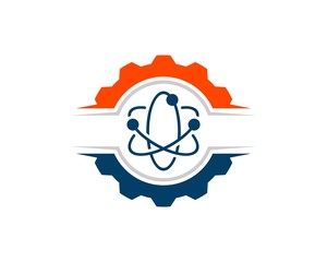 Abstract mechanical gear with atom symbol inside