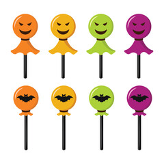 Halloween lollipop candy in ghost and bat cartoon vector icon