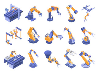 Isometric robotic arm set vector illustration innovation industrial factory machines robot arms