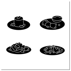 Afro-Caribbean food glyph icons set. Traditional dishes.Akara and ogi, moin-moin, peppered snail, oxtail. Local food concept. Filled flat signs. Isolated silhouette vector illustrations
