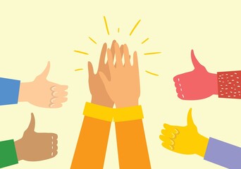 Vector illustration of different hands up hands clapping. applaud hands. vector illustration