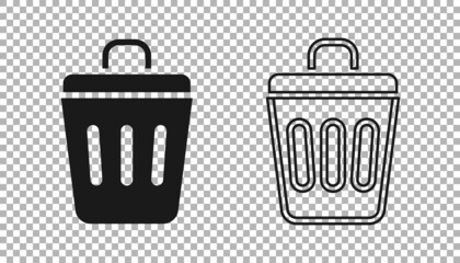 Black Trash can icon isolated on transparent background. Garbage bin sign. Recycle basket icon. Office trash icon. Vector