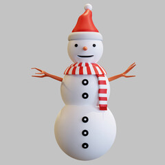 snowman with santa hat and red striped scarf christmas 3d render illustration