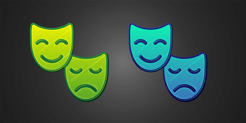 Green and blue Comedy and tragedy theatrical masks icon isolated on black background. Vector
