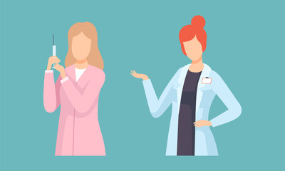 Woman Doctor in Coat Giving Advice and Holding Syringe Vector Set