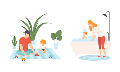 Happy Family with Man and Woman Parent with Kid Spending Good Time Together Playing Toy Car and Bathing in Bathtub Vector Set