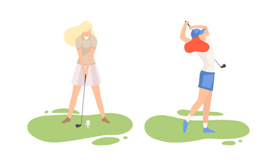Young Woman on Green Lawn Playing Golf as Club-and-ball Sport Game Vector Set