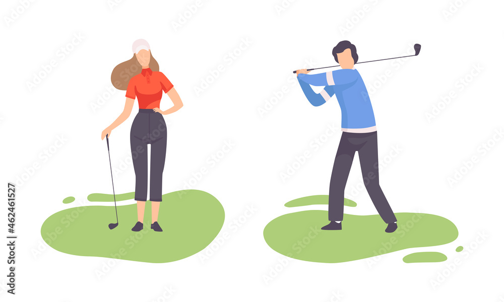 Poster Young Man and Woman on Green Lawn Playing Golf as Club-and-ball Sport Game Vector Set