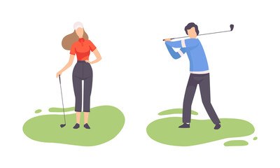 Young Man and Woman on Green Lawn Playing Golf as Club-and-ball Sport Game Vector Set