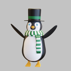 cute penguin with black hat and stripped green scarf christmas 3D render illustration