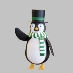 cute penguin with black hat and stripped green scarf christmas 3D render illustration