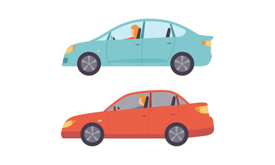 Man and Woman Driving Car Sitting at Driver Seat of Motor Vehicle Vector Set