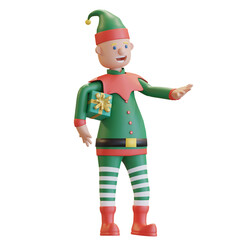 christmas elf holding gift box with happy face 3D render illustration