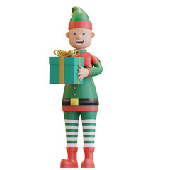 christmas elf holding gift box with happy face 3D render illustration