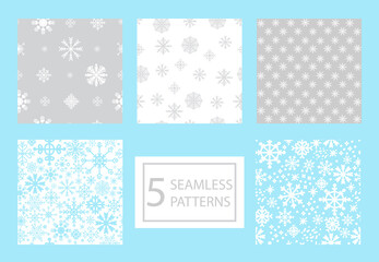 Vector set colorful seamless patterns different snowflakes