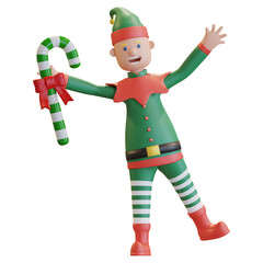 christmas elf holding candy cone with happy face 3D render illustration