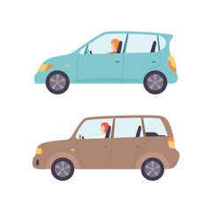 Fototapeta premium Man and Woman Driving Car Sitting at Driver Seat of Motor Vehicle Vector Set