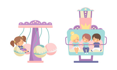 Cute Little Kid Riding Carousel in Amusement Park Vector Set