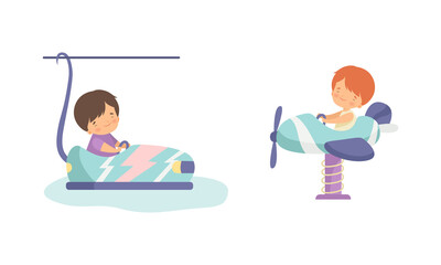 Cute Little Kid Riding Carousel in Amusement Park Vector Set