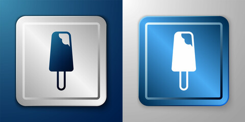 White Ice cream icon isolated on blue and grey background. Sweet symbol. Silver and blue square button. Vector
