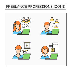 Freelance professions color icons set. Distance jobs. Data entry, customer service jobs, video editor, community manager. Online work. Careers concept. Isolated vector illustrations