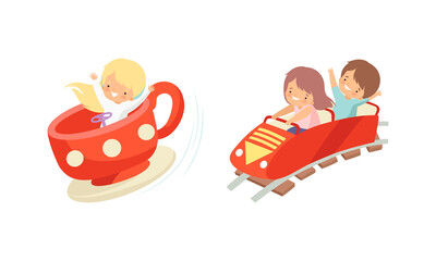 Cute Little Kid Riding Carousel in Amusement Park Vector Set