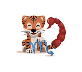 Fototapeta na wymiar Tiger cub with scorpio zodiac sign Astrological sign icon Vector cartoon illustration Horoscope and Eastern New Year.