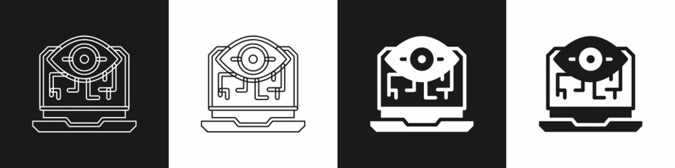 Set Computer vision icon isolated on black and white background. Technical vision, eye circuit, video surveillance system, augmented reality systems. Vector