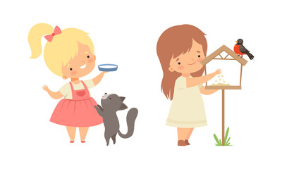 Cute Little Girl Interacting with Animal in Petting Zoo Vector Set