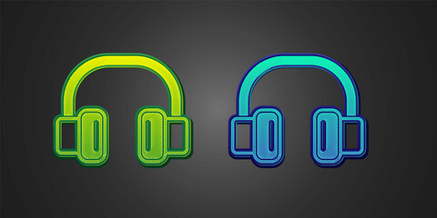 Green and blue Headphones icon isolated on black background. Earphones. Concept for listening to music, service, communication and operator. Vector