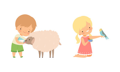 Cute Little Boy and Girl Interacting with Animal in Petting Zoo Vector Set