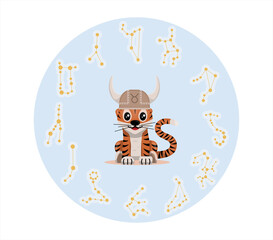 Tiger cub with taurus zodiac sign Astrological sign icon Vector cartoon illustration Horoscope and Eastern New Year.