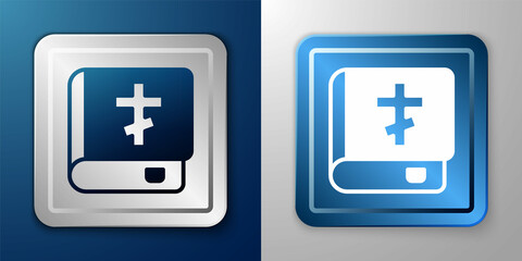 Fototapeta premium White Holy bible book icon isolated on blue and grey background. Silver and blue square button. Vector