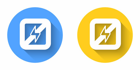 White No lightning icon isolated with long shadow background. No electricity. Circle button. Vector