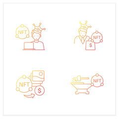 NFT gradient icons set.Minting. Non fungible tokens artist, buyer.Unique digital assets. Digitalization concept. Isolated vector illustrations.Suitable to banners, mobile apps and presentation